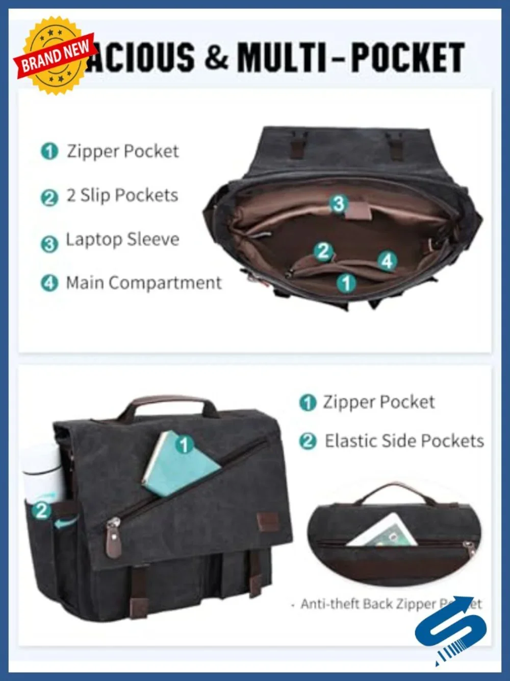 Water Resistant Canvas Messenger Bag 15.6 Inch Laptop Briefcase